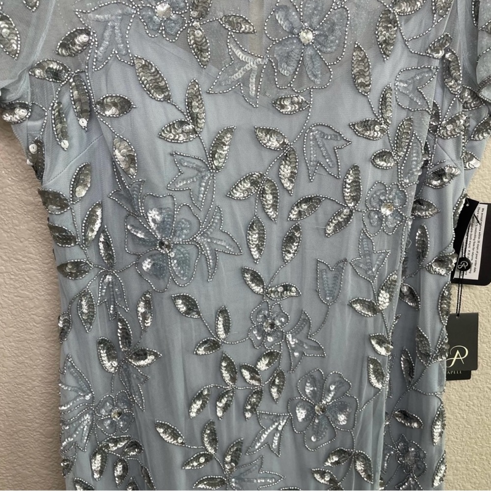 Adrianna Papell Size 16 Short Sleeve Beaded Floral Dress Illusion Neckline - Picture 3 of 8